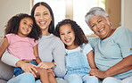 Happy family, grandmother and girl children on sofa together for mothers day celebration or bonding with love, care and support. Black people elderly, mom and kids in a portrait with smile at home