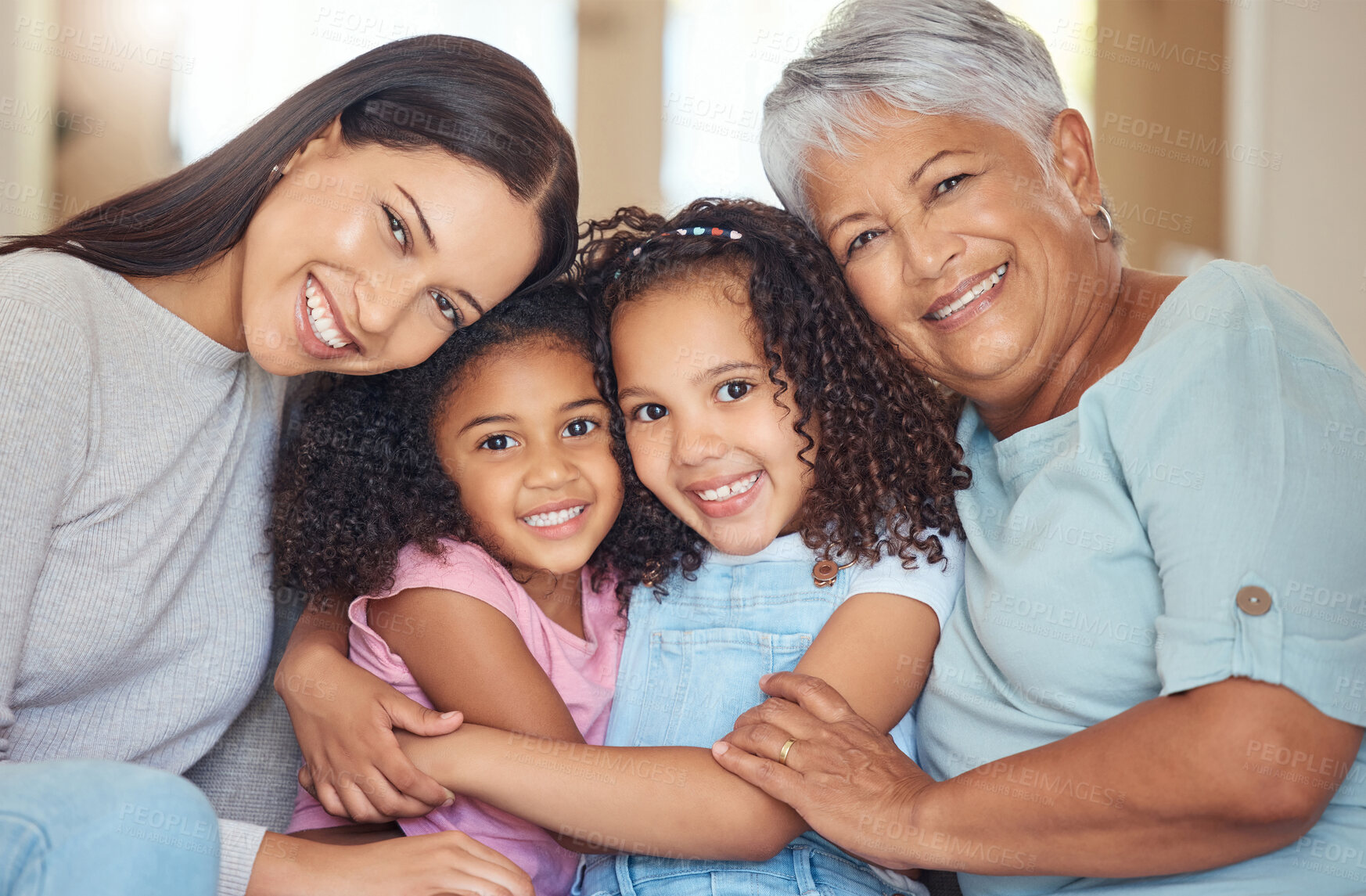 Buy stock photo Portrait, smile and happy family on mothers day with grandmother, mom and girl siblings hugging at home. Mama, children and elderly woman love relaxing, bonding and enjoying quality time together
