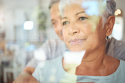 Buy stock photo Woman thinking in home, senior couple reflection in window and man support wife grief in Brazil retirement care. Husband hug elderly life partner, sad lady with anxiety worry and together apartment