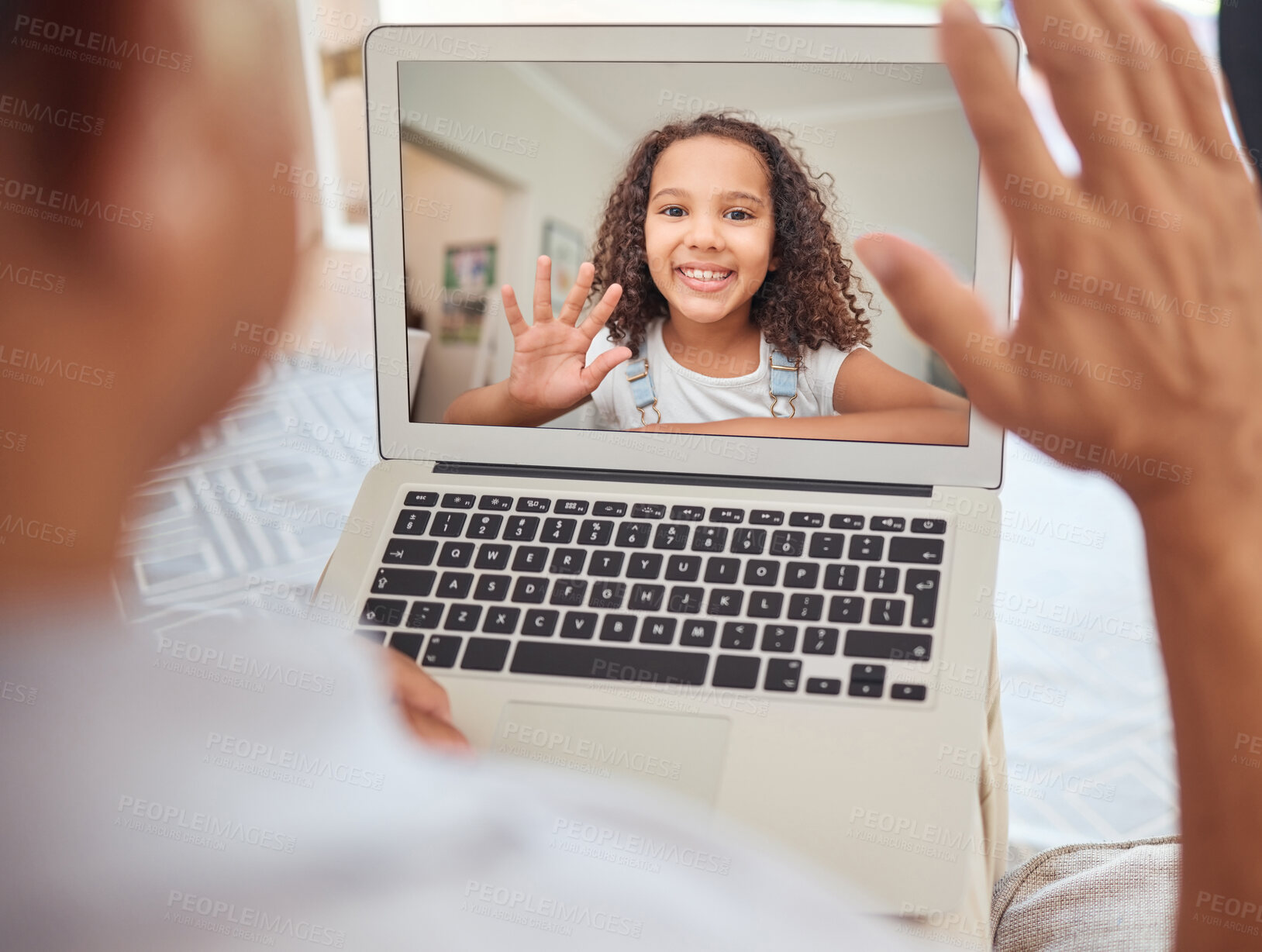 Buy stock photo Video call, laptop and communication with child online from sofa. Happy dad, wave and smile, a girl on screen on videocall in living room in Brazil. Technology, internet and elearning for children.