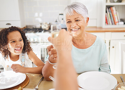 Buy stock photo Champagne toast and grandmother for mothers day celebration in home kitchen dining room with children. Happy elderly person with wine glass celebrate mothersday, birthday or happy lifestyle with kid