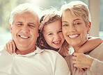 Happy family, children and grandparents hug and bond in living room together, cheerful and content in their home. Relax, smile and face portrait of girl embracing senior man and woman and having fun