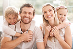 Happy family, father and mother get a hug from children who love relaxing, having fun and enjoying quality time at home. Smile, mom and dad in a portrait with young kids or boy and girl siblings 