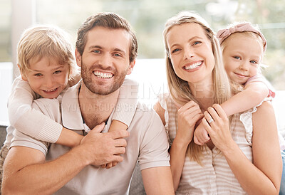 Buy stock photo Happy family, father and mother portrait with children relaxing, hugging and enjoying fun quality time at home. Smile, mom and dad love bonding with young kids or boy and girl siblings affection