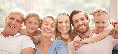 Buy stock photo Mother, father and grandparents with children in a big family indoor portrait together enjoying quality time in Australia. Mama, dad and siblings love being with an old man and senior woman at home