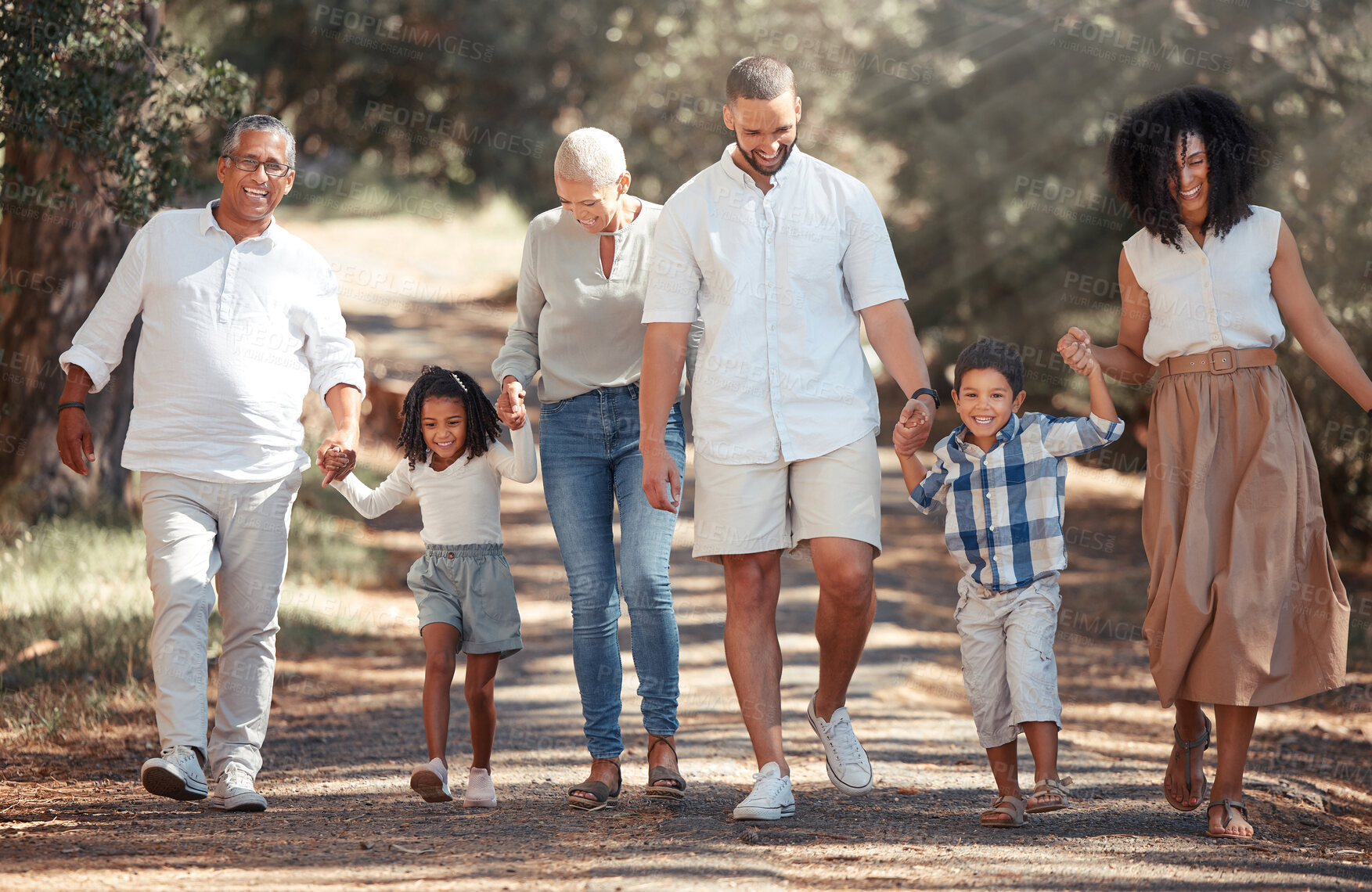 Buy stock photo Generation big family walking garden park in summer, travel and freedom in South Africa outdoors. Happy, smile and carefree grandparents, parents and kids relax, bond and enjoy sunny holiday together