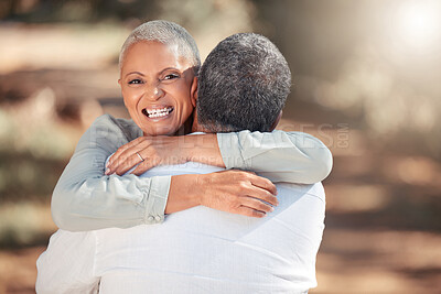 Buy stock photo Nature, senior couple and hug portrait for love and care on outdoor bonding outing in Mexico park. Happy, elderly and married Mexican people enjoy embrace together on retirement leisure break.