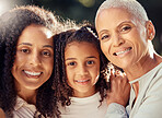 Portrait child, grandmother and mother in nature for family happiness and love in the park in summer. Face of a mom, young girl kid and senior person with smile and happy together in a garden