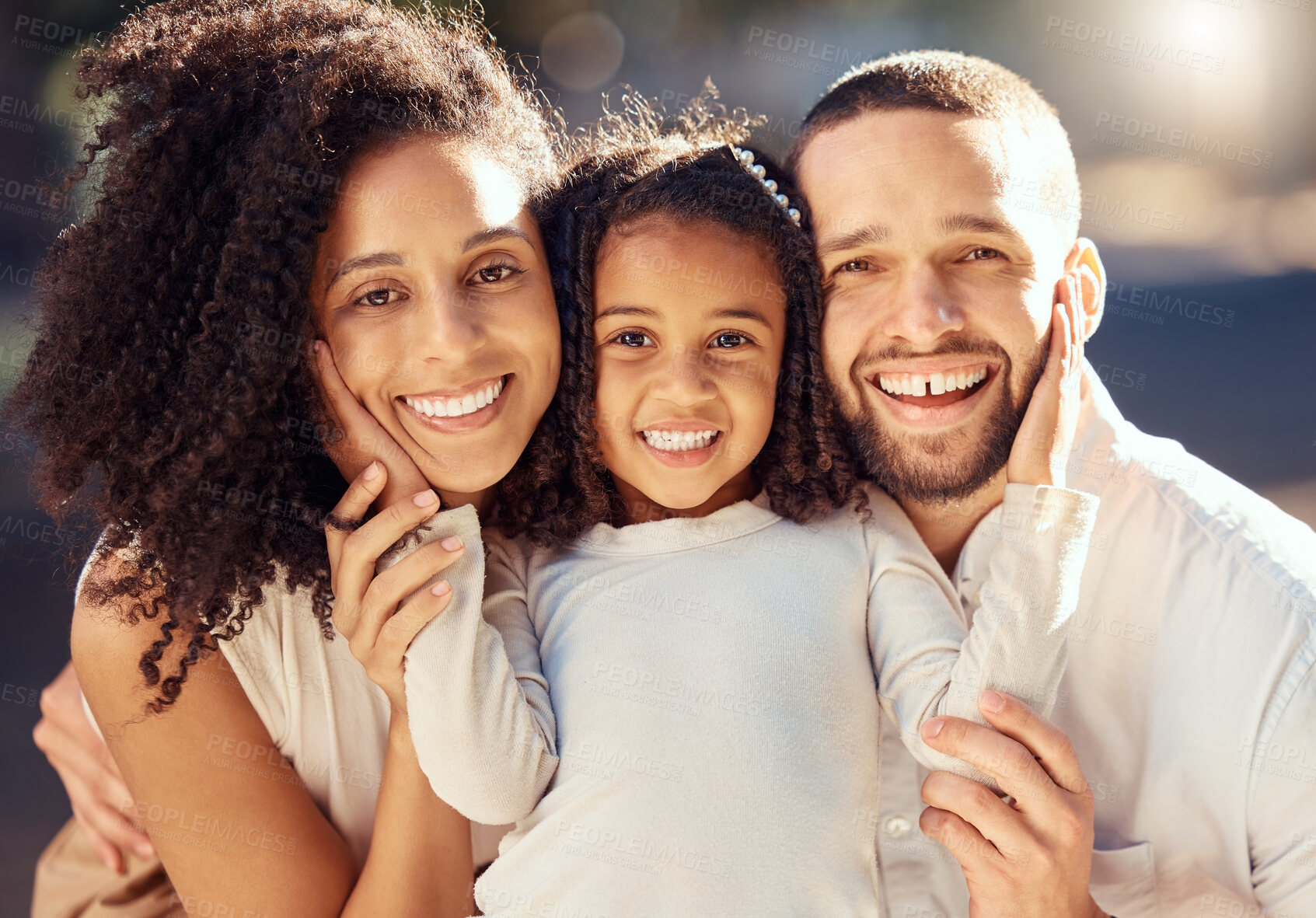 Buy stock photo Family, smile and happy child with mom and dad bonding, happiness and showing love while together outside in summer. Portrait and face of a man, woman and girl kid outdoors to relax in brazil