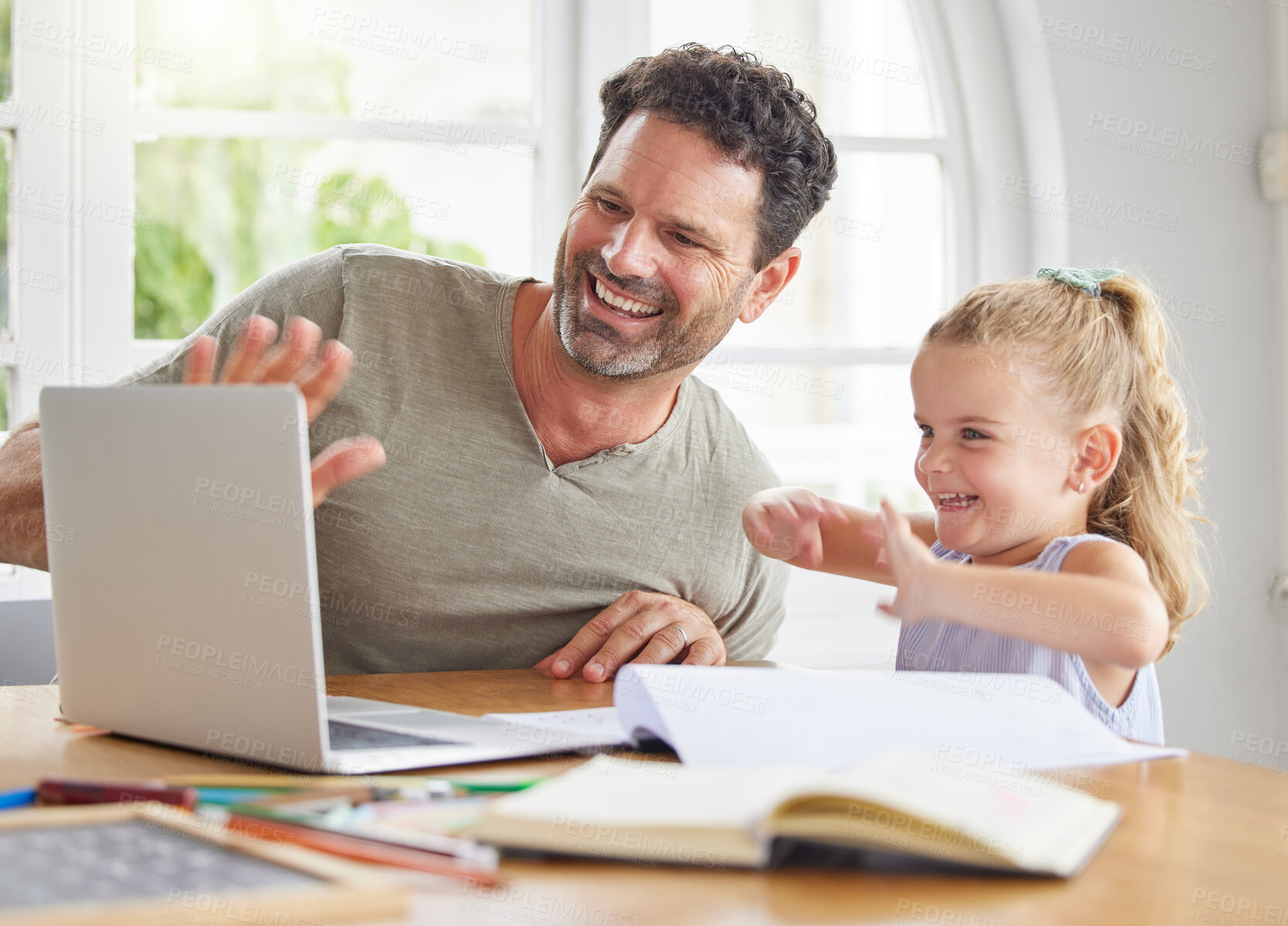 Buy stock photo Father, girl child and e learning on laptop studying together on video conference or internet video call at house. Online home school education dad teaching young kid or helping daughter on homework
