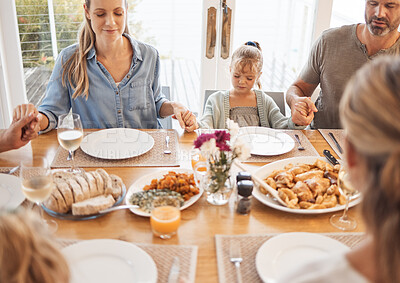 Buy stock photo Big family, praying thanks and food prayer for lunch, dinner table and worship, gratitude and respect in New Zealand home. Christian parents, kids and holding hands for faith, god and eating together