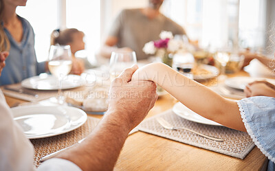 Buy stock photo Family, holding hands and thanksgiving lunch prayer in house, home and restaurant with men, women and children. Zoom, worship praying community with kids, parents or seniors for festive food at table