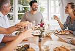 Family, bonding or thanksgiving food on table in house, home or restaurant in party, event or lunch. Happy smile or relax men, woman or senior for festive celebration or nutrition health meal reunion