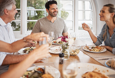Buy stock photo Family, bonding or thanksgiving food on table in house, home or restaurant in party, event or lunch. Happy smile or relax men, woman or senior for festive celebration or nutrition health meal reunion