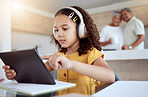 Girl, tablet or headphones in homeschool, education or homework learning on notebook in senior grandparents house. Thinking student, child or study technology and lockdown music podcast with elderly