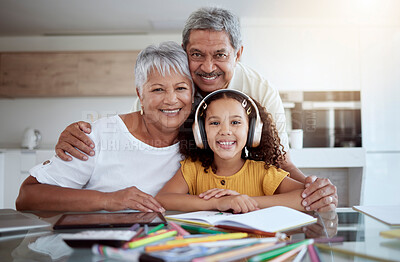 Buy stock photo Portrait, girl and grandparents in homework, education and learning for childhood development at home. Happy child in homeschool smile with grandma and grandpa together in support to study and learn