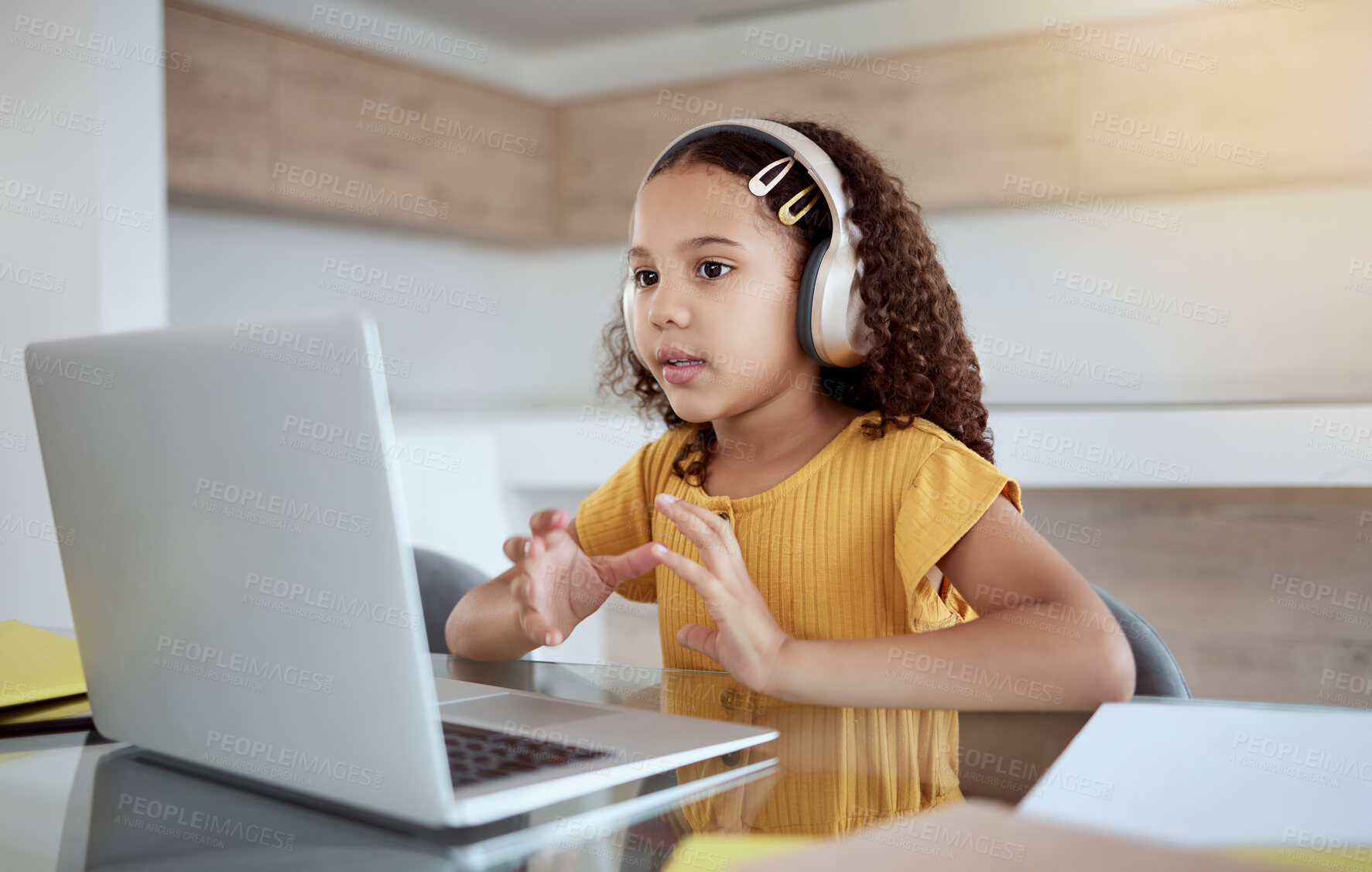 Buy stock photo Girl, laptop and video call online for learning, education or study in her home. Child, computer and desk on video conference for education, communication or school on the internet in her house