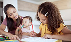 Girl homework, learning and mother helping her child with school work in a notebook in their home. Kid and mom doing creative planning for education, writing for knowledge and learning alphabet