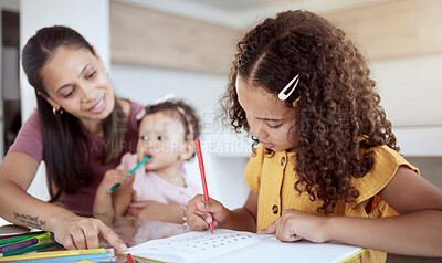Buy stock photo Girl homework, learning and mother helping her child with school work in a notebook in their home. Kid and mom doing creative planning for education, writing for knowledge and learning alphabet