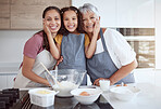 Baking, cooking or girl bonding with family in kitchen for breakfast food or learning sweet dessert recipe in home. Brazilian mother, grandmother and women in hug with happy child for house portrait