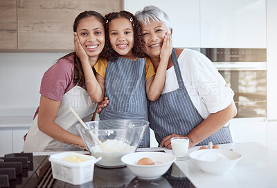 Buy stock photo Baking, cooking or girl bonding with family in kitchen for breakfast food or learning sweet dessert recipe in home. Brazilian mother, grandmother and women in hug with happy child for house portrait