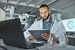 Tablet, laptop and laboratory man with glass beaker in medical research, healthcare innovation study or vaccine data analysis. Thinking scientist, medicine worker or technology for future dna science