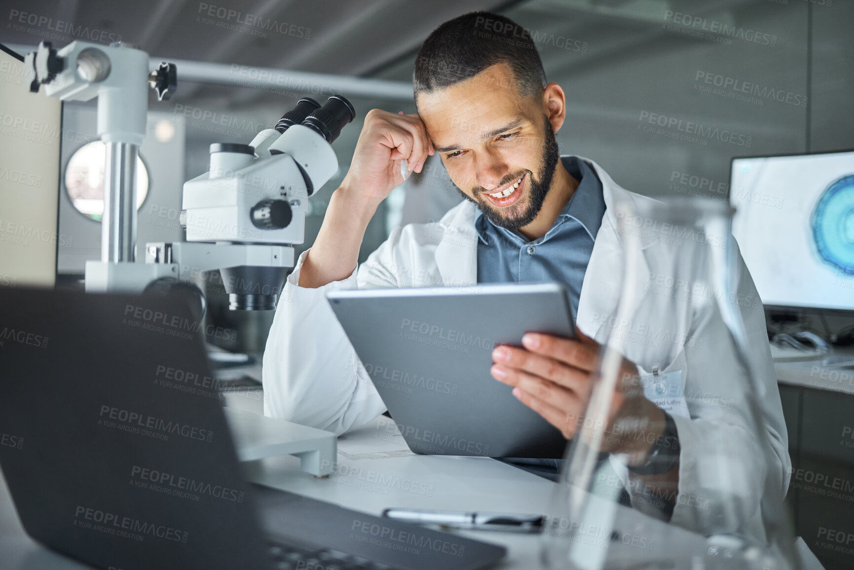 Buy stock photo Digital tablet, medical scientist and research on dna, rna and medicine innovation in a laboratory. Science expert doing test analysis with data results on biotechnology in a pharmaceutical lab.