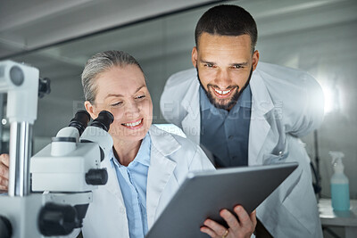 Buy stock photo Laboratory collaboration, microscope or tablet in science data analysis, medical innovation help or healthcare research for mature woman or man. Smile, happy or dna scientist teamwork with technology