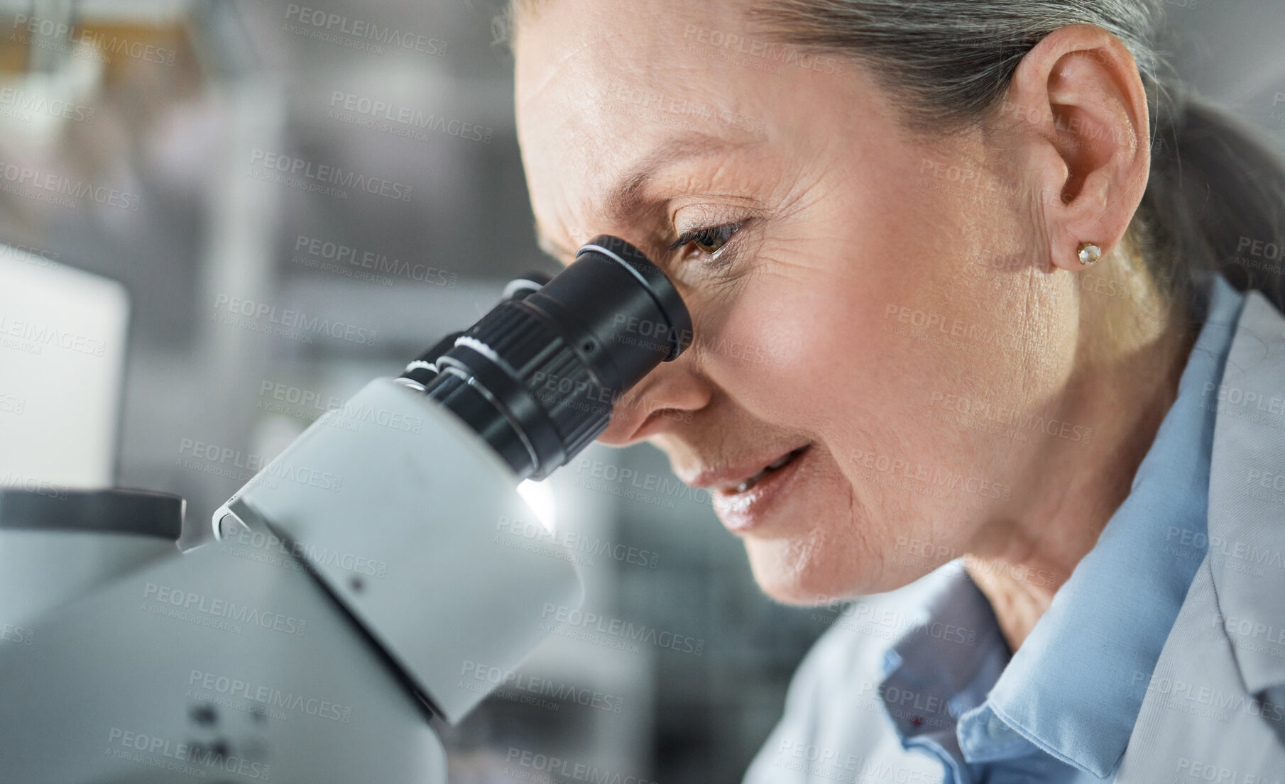 Buy stock photo Microscope research, lab science and scientist working on future medical development for virus at work. Woman in pharmaceutical hospital for solution, innovation and analysis of healthcare medicine 