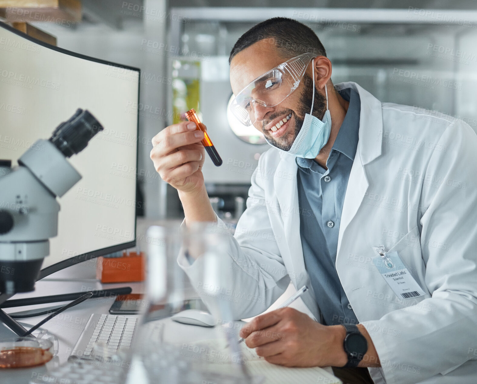 Buy stock photo Blood, covid and doctor with vaccine in a science laboratory happy with his innovation, dna and rna medical research. Smile, success and scientist working with chemistry proud of a breakthrough cure