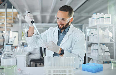 Buy stock photo Scientist using test tube in lab for science, research and medicine. Portrait of man doing test in biotechnology, medical research and analytics in laboratory, testing a sample in healthcare clinic