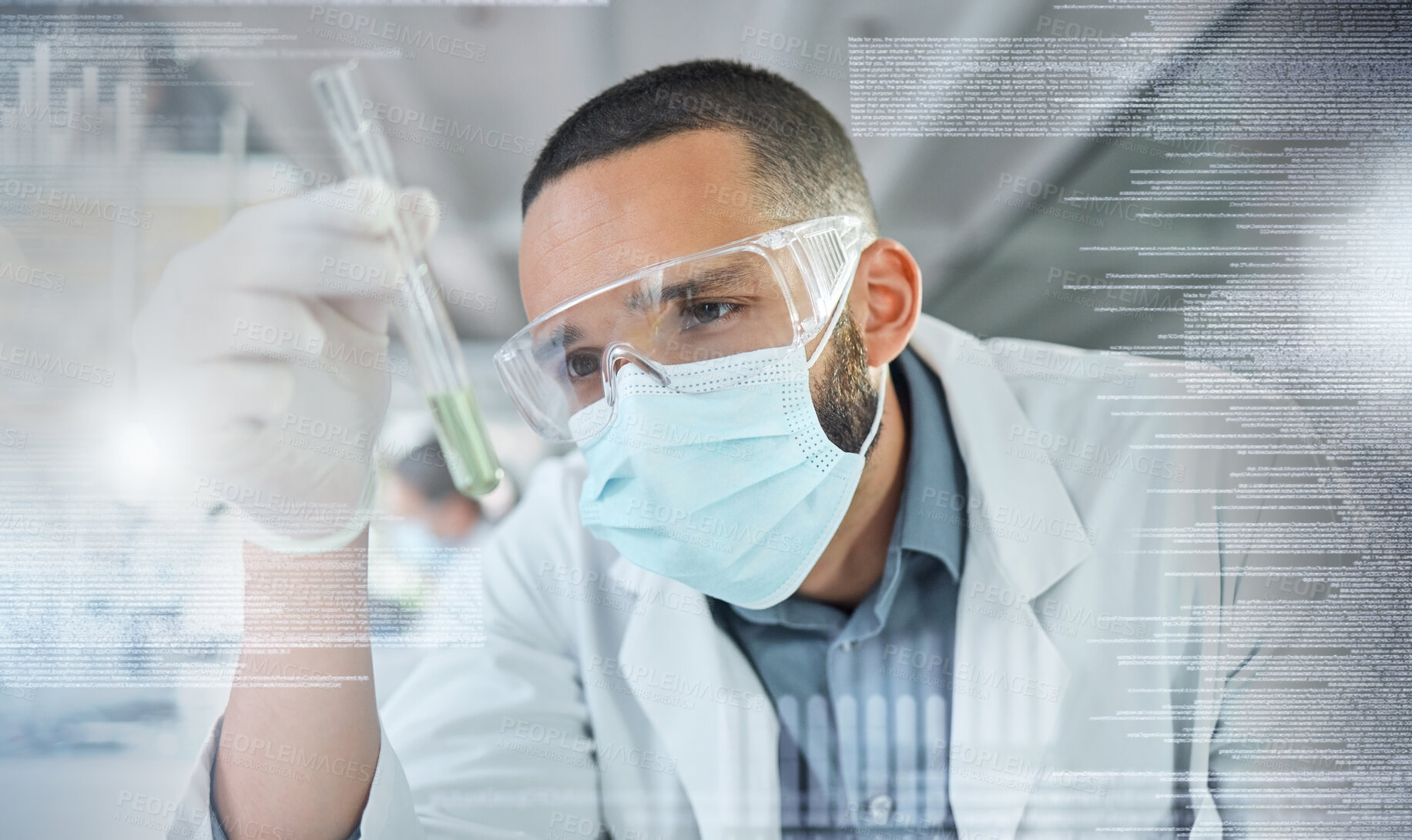 Buy stock photo Covid, science and research with a man engineer holding a vial while working on innovation and development in a lab with overlay. Analytics, data and sample with a scientist at work in a laboratory