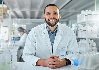 Buy stock photo Research, science and innovation scientist portrait for trust, healthcare, pharmaceutical or medical drugs test laboratory. Young, professional biotechnology expert experience in medicine or vaccine