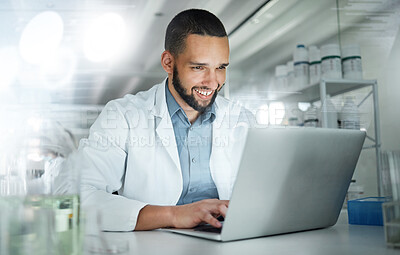 Buy stock photo Science, research and laptop with man in laboratory working on analytics, pharmacy or medical. Innovation, internet and technology with scientist writing email for analysis, digital or healthcare