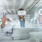 Metavr Research Virtual reality, ui and scientist man in metaverse for research with ...