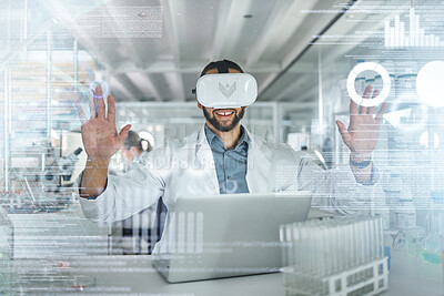 Buy stock photo Virtual reality, ui and scientist man in metaverse for research with information technology on futuristic 3d screen in science lab. Future, innovation and researcher in vr headset with medical ai
