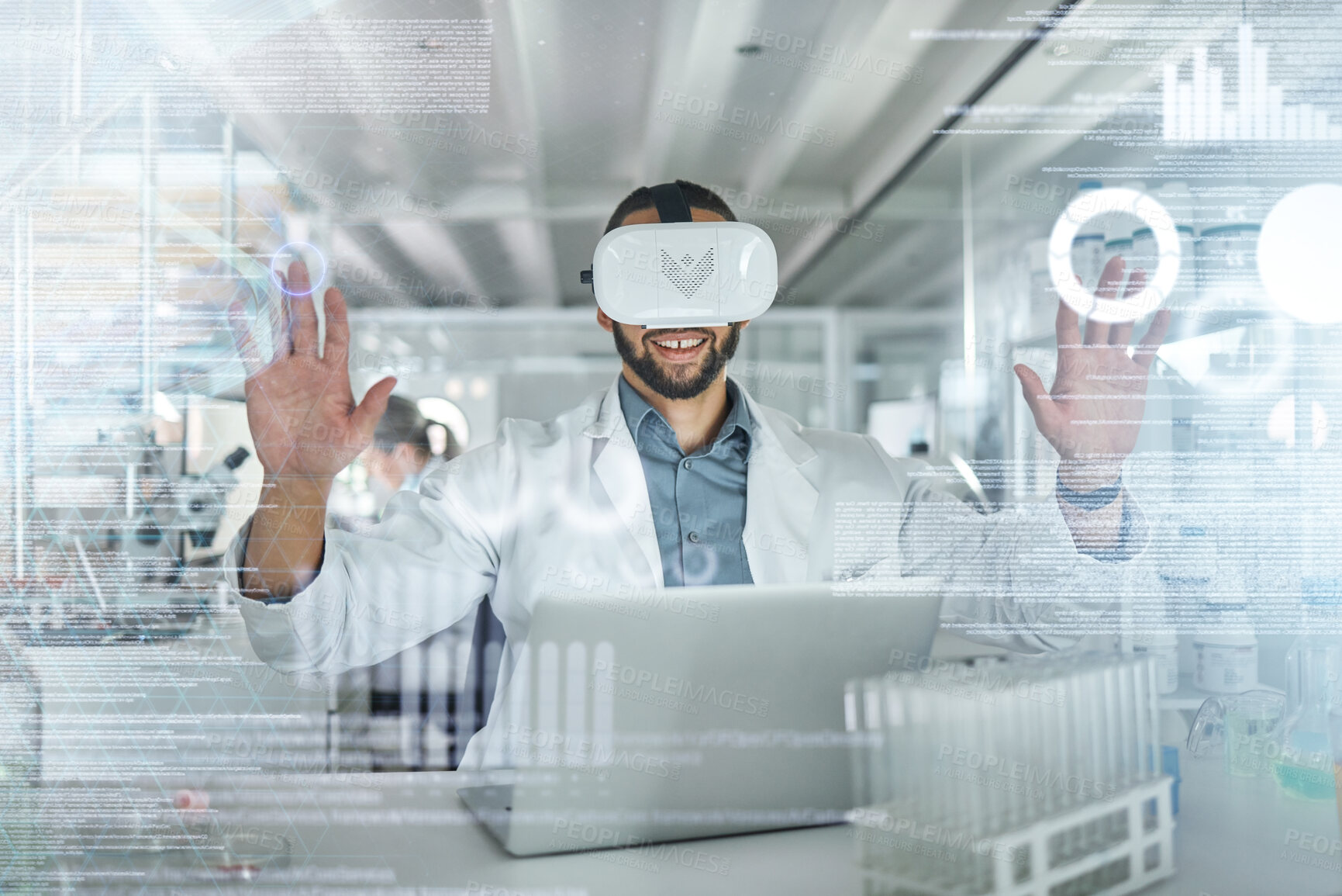 Buy stock photo Virtual reality, ui and scientist man in metaverse for research with information technology on futuristic 3d screen in science lab. Future, innovation and researcher in vr headset with medical ai