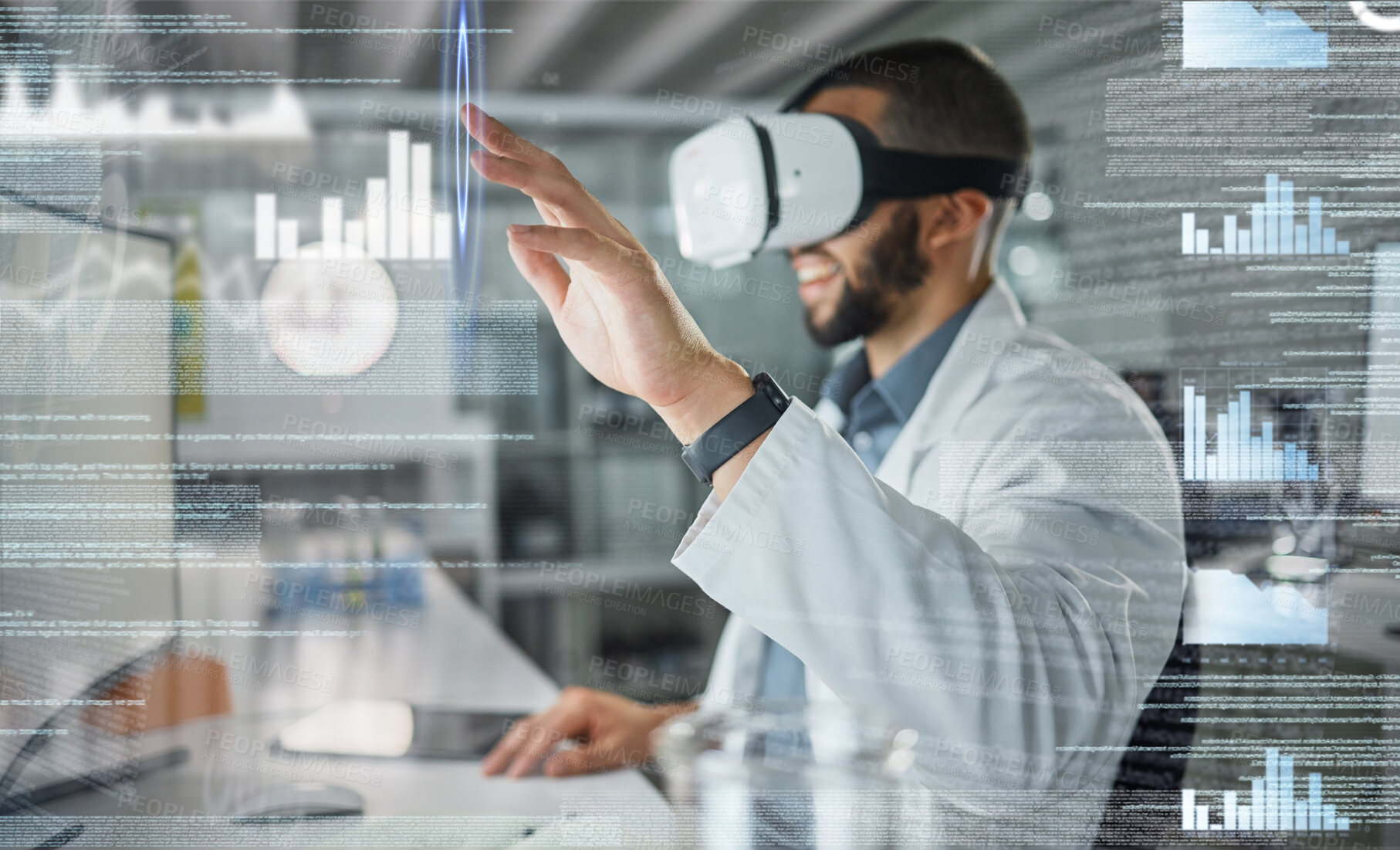 Buy stock photo Science, research and vr with man in laboratory working on analytics with augmented reality, 3d or technology. Innovation, digital transformation and hologram with scientist and futuristic healthcare