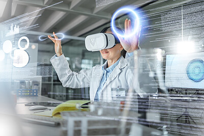 Buy stock photo Science, VR hologram and scientist with futuristic data, 3d research software and digital innovation in laboratory for biotechnology. Virtual reality healthcare woman in ai future scifi matrix system