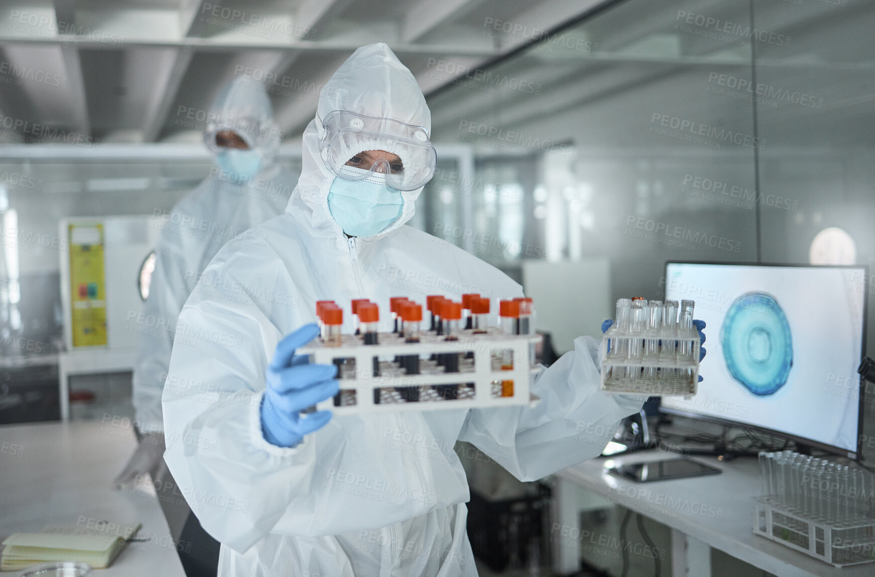 Buy stock photo Lab, science and research on virus, dna or blood in vial for analysis to find medical solution. Scientist, ppe and laboratory with samples to work on innovation in healthcare, medicine or biology