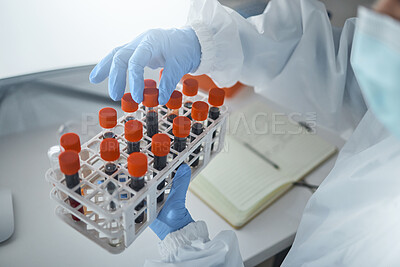 Buy stock photo Blood dna, covid and scientist hands with ppe for vaccine research, test and investigation in laboratory. Clinic science lab, virus investigation analytics and medical biotechnology expert innovation