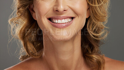 Buy stock photo Woman, teeth and smile in zoom of face with happiness for cosmetics, beauty and health. Model zoom of tooth and happy dental wellness, facial and healthy oral care in mockup with studio background
