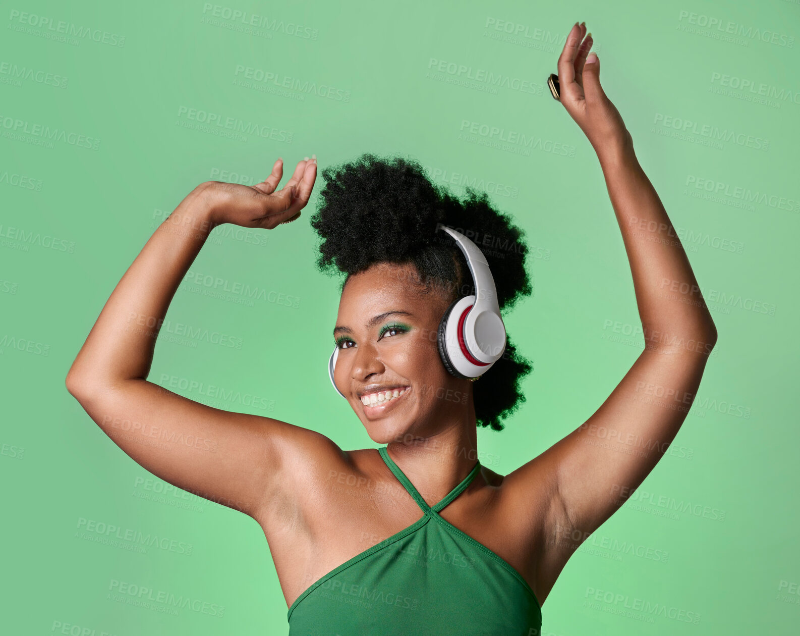 Buy stock photo Green screen music, radio dance and black woman with smile while streaming podcast against a mockup studio background. Happy and smile African person with dancing energy from audio with headphones