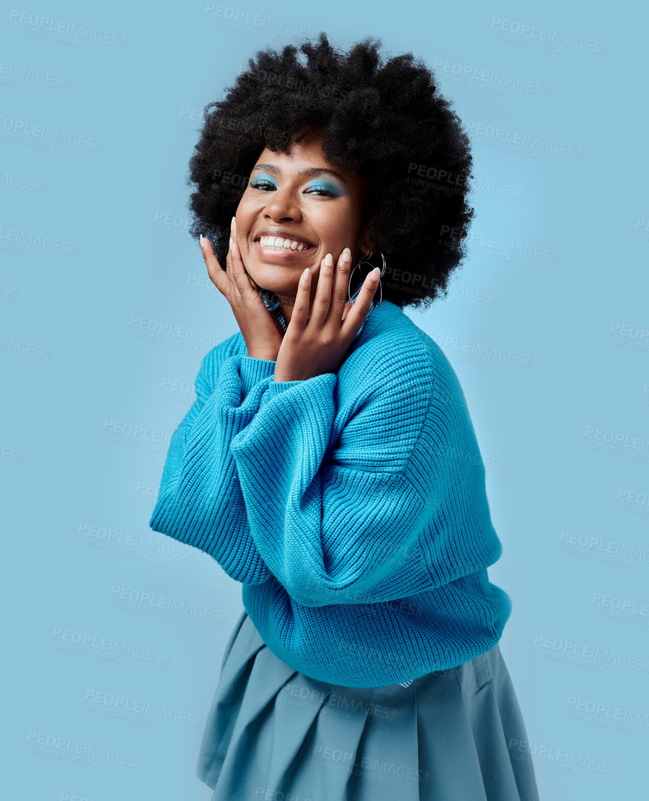 Buy stock photo African beauty, makeup and portrait of a black woman with blue eyes shadow, face cosmetics and afro hair or good skin. Funk, smile and young happy girl with vintage, retro and creative fashion style.