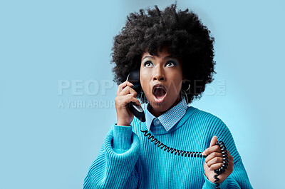Buy stock photo Telephone, wow and surprise black woman with gossip, fake news or fashion sale with blue studio background mockup for advertising and marketing. Shocked african girl on phone call for a discount deal