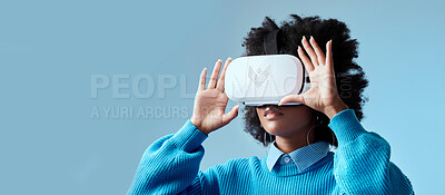 Buy stock photo Girl, VR and mockup for gaming, web and technology with studio background space. Model, woman and glasses for virtual reality for esports, movies and games on face in advertising futuristic 3D games