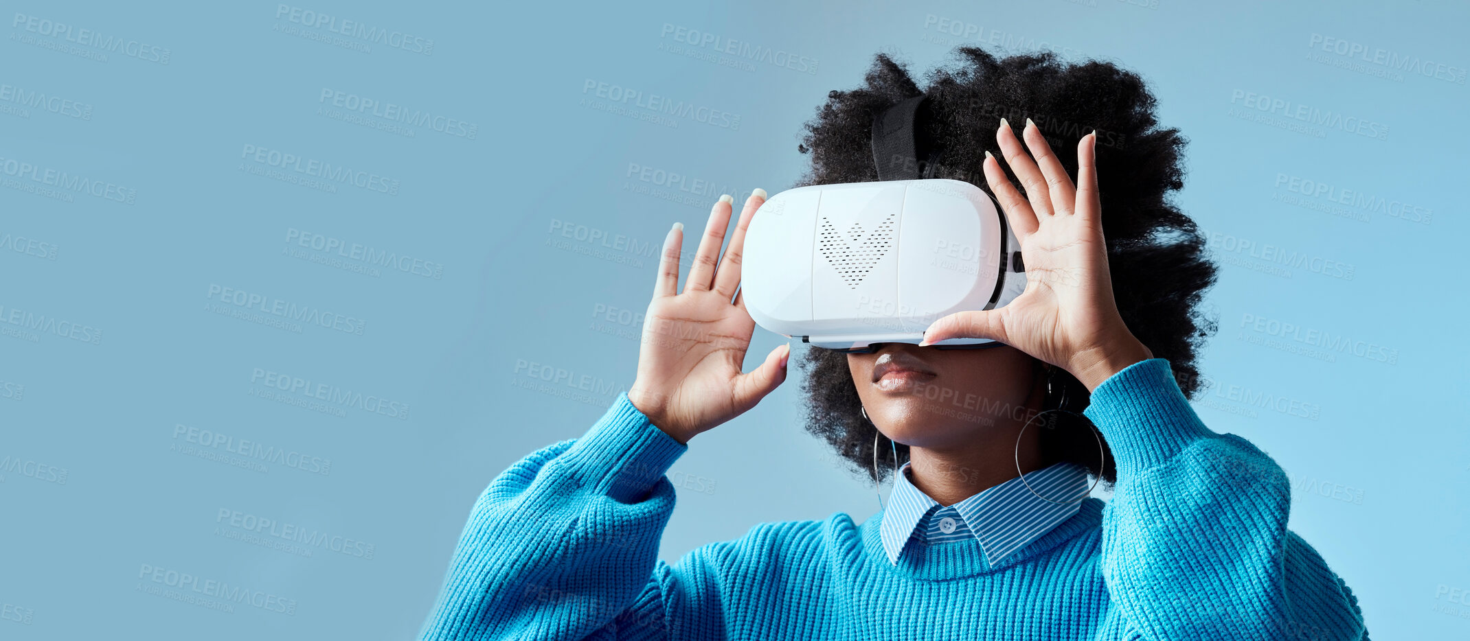 Buy stock photo Girl, VR and mockup for gaming, web and technology with studio background space. Model, woman and glasses for virtual reality for esports, movies and games on face in advertising futuristic 3D games