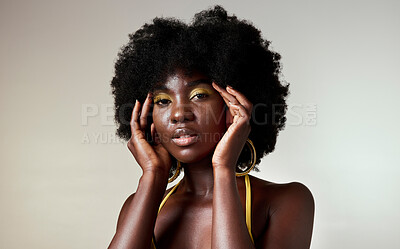 Buy stock photo Black woman, fashion and face beauty in makeup against a mockup studio background. Portrait of an isolated beautiful African American model with stylish cosmetic art and afro hair style on copy space