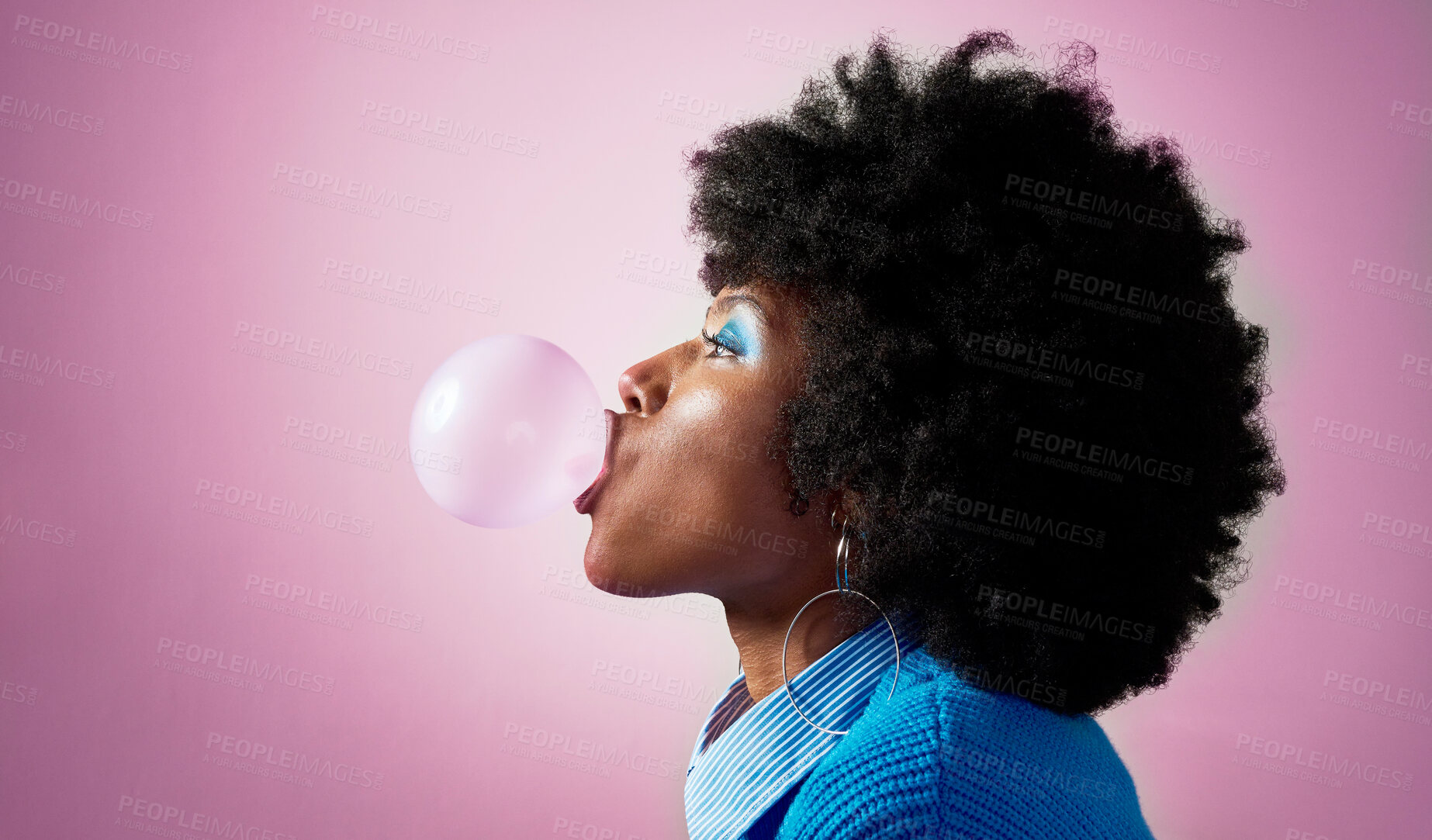 Buy stock photo Bubble gum, afro hair and black woman on pink studio background with fashion, cool or Jamaican trend hairstyle. Profile, head or beauty model with bubblegum, makeup cosmetics and bold or fun attitude