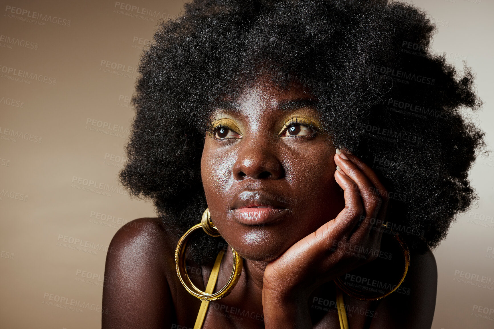 Buy stock photo Black woman, makeup and afro thinking of idea with hair, beauty and fashion against brown backdrop. Model, skin and cosmetics contemplating dream, future and life against neutral studio background